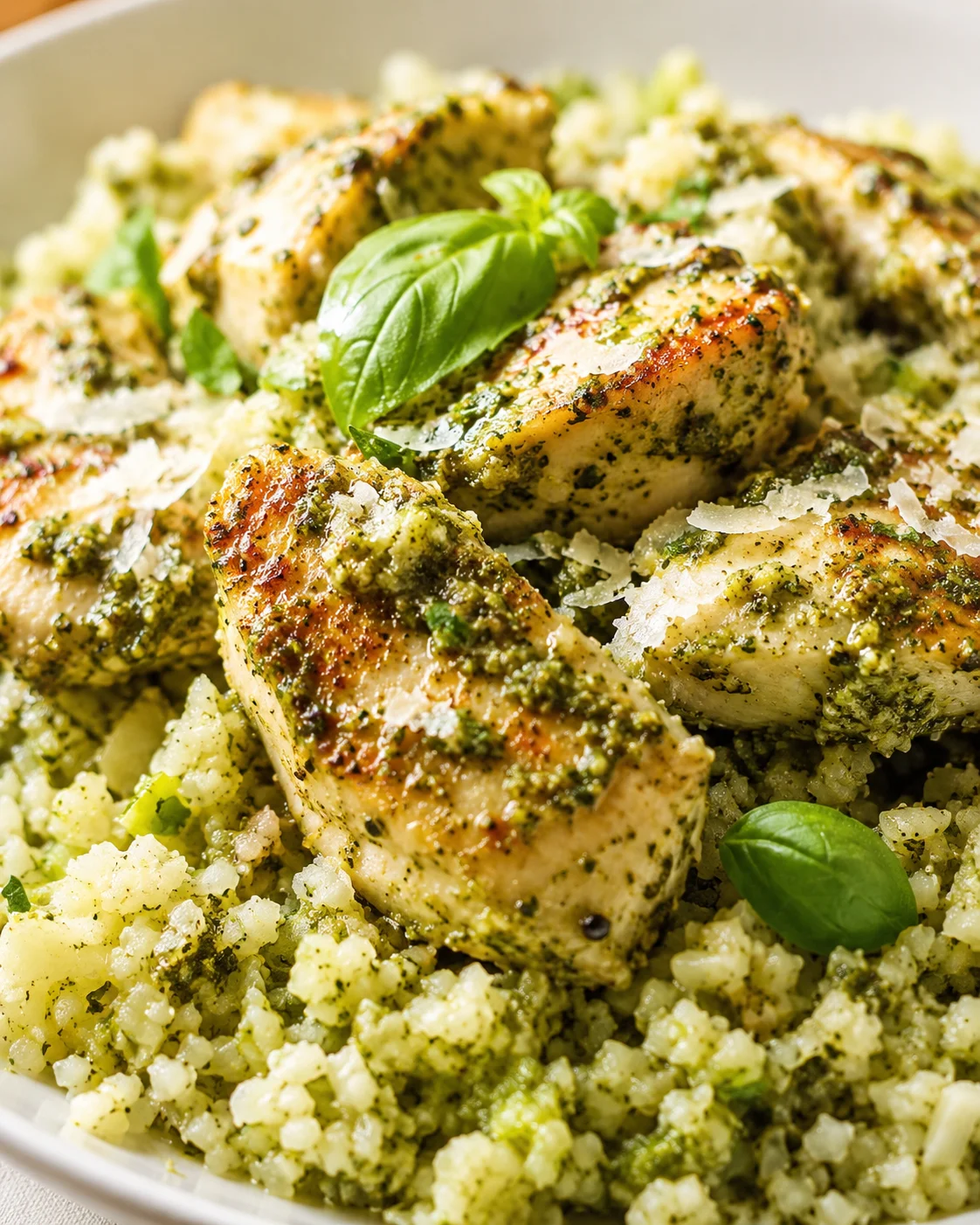 Golden-brown pesto-coated chicken perched on herb-filled couscous with basil garnish