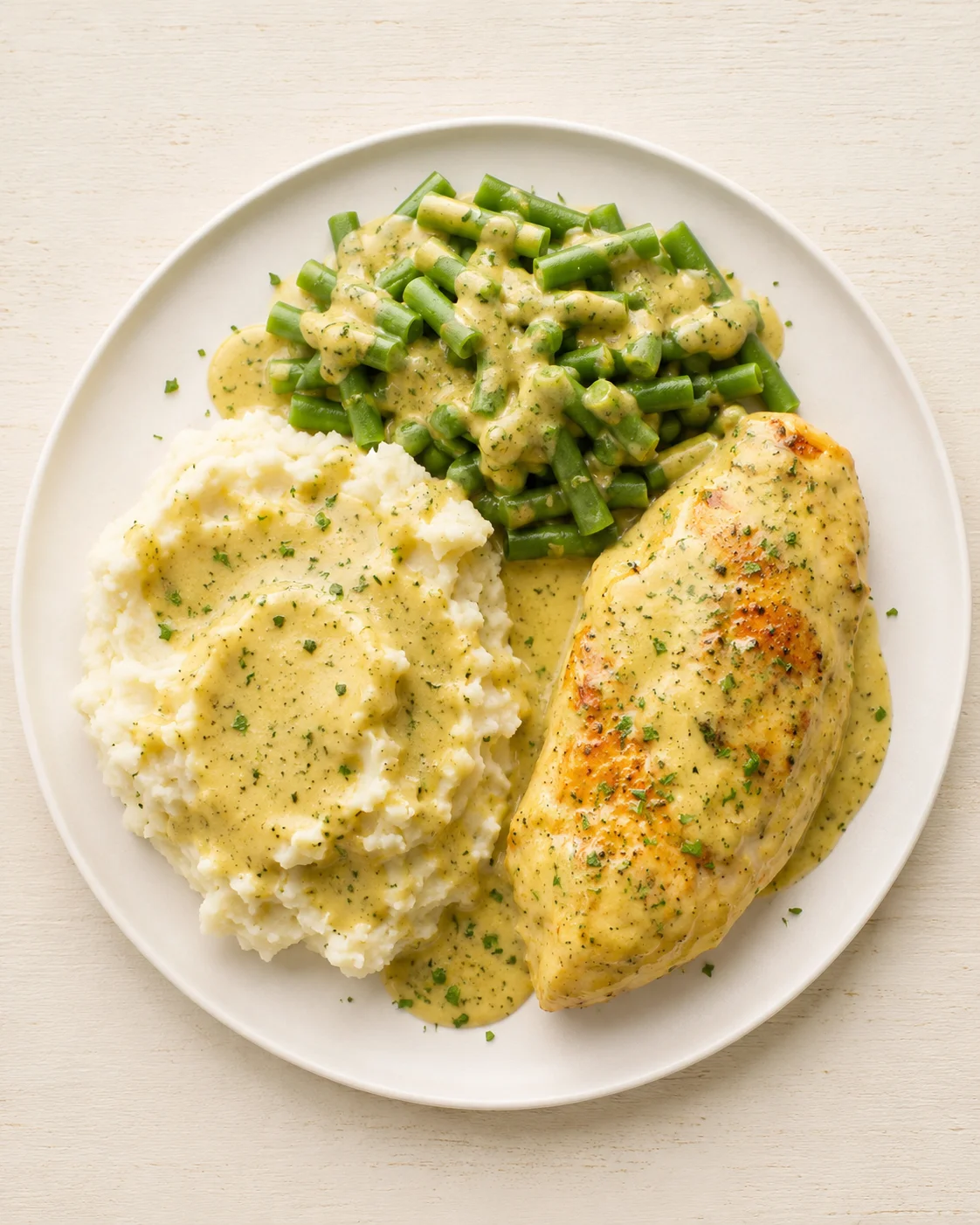 Creamy herb sauce over mashed potatoes, green beans, and a roasted chicken breast on a white plate.