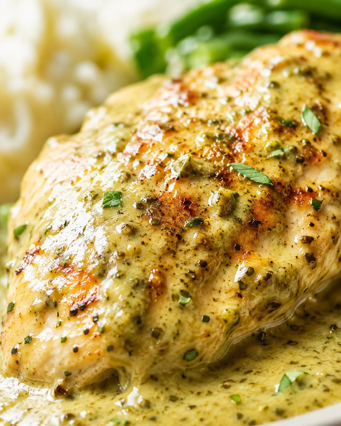 close-up of herb-crusted chicken smothered in creamy sauce with chopped green herbs