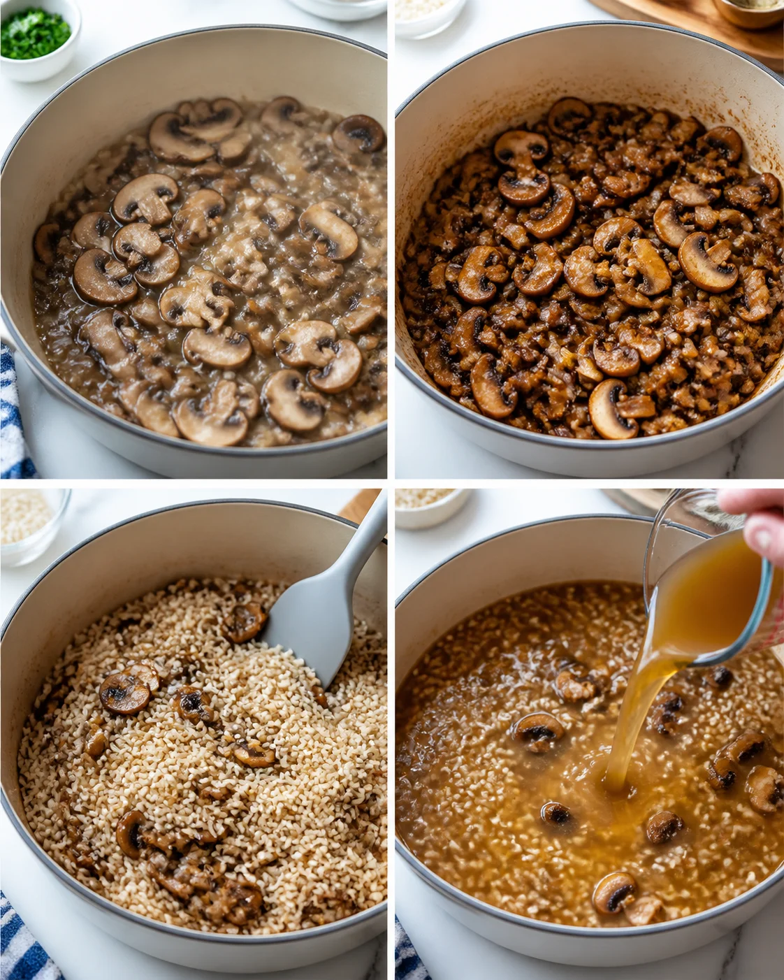 Four-panel collage showing mushroom sauté, caramelized mushrooms, oats with mushrooms, and broth being poured.