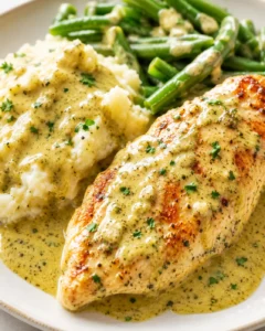 Golden pan-seared chicken breast with herb butter sauce beside creamy mashed potatoes and green beans
