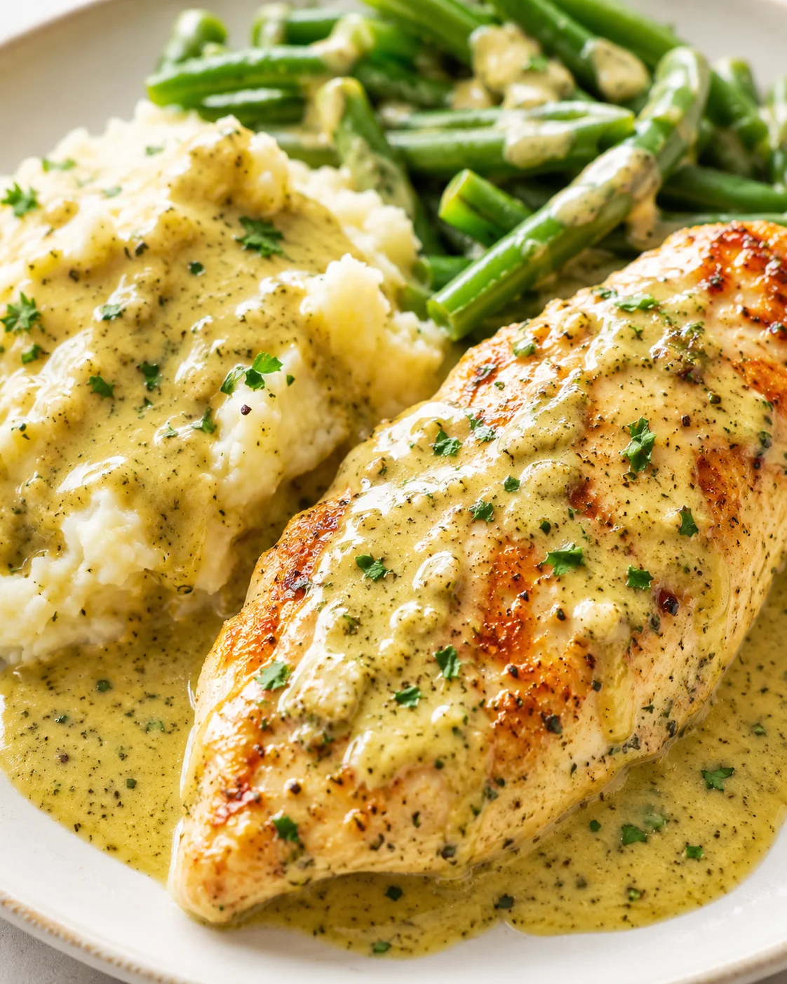 Golden pan-seared chicken breast with herb butter sauce beside creamy mashed potatoes and green beans
