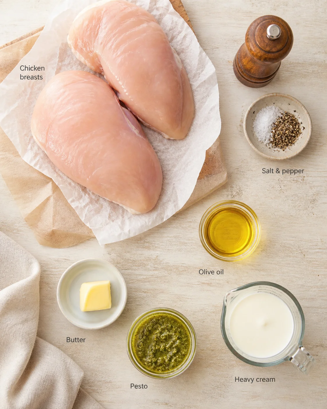 Top-down view of raw chicken breasts surrounded by olive oil, butter, pesto, cream, salt, and pepper.