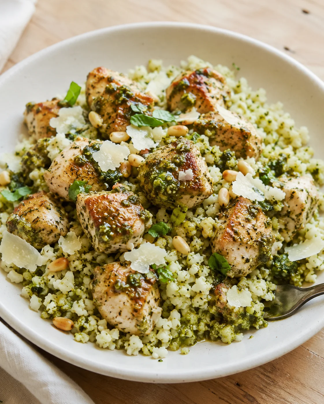 plate of herb-coated chicken meatballs atop pale couscous with pesto, shaved parmesan, pine nuts, and fresh herbs.