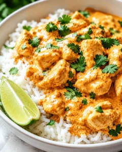 bowl of creamy orange chicken tikka masala over white rice, garnished with cilantro and a lime wedge.