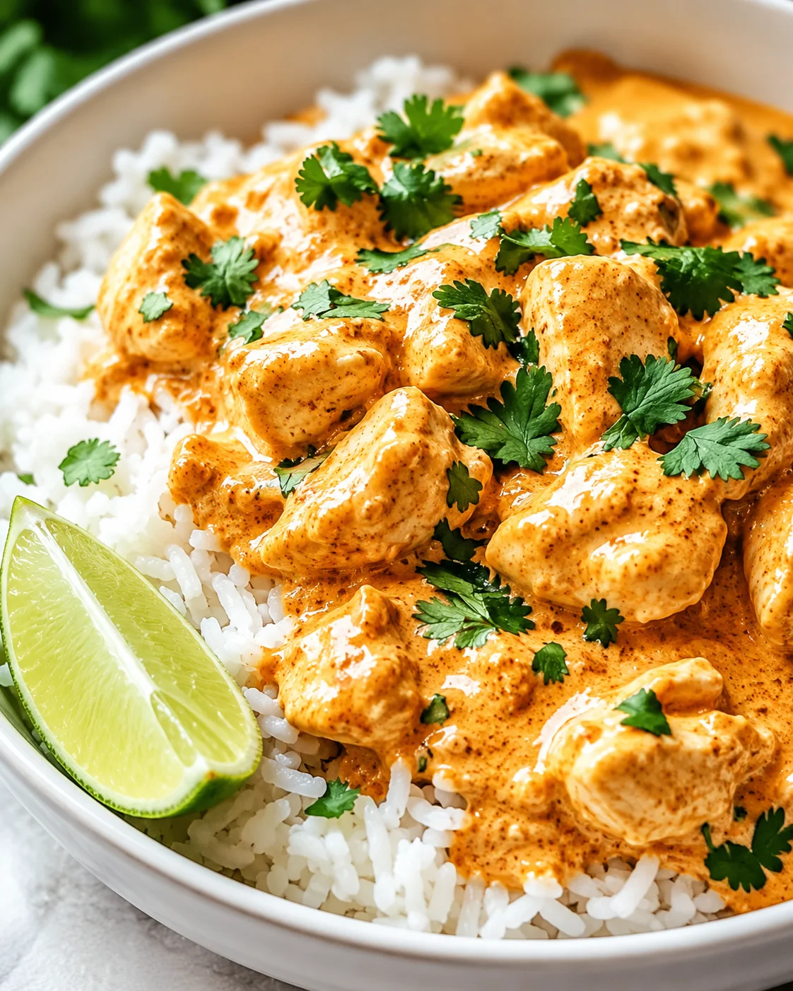 bowl of creamy orange chicken tikka masala over white rice, garnished with cilantro and a lime wedge.