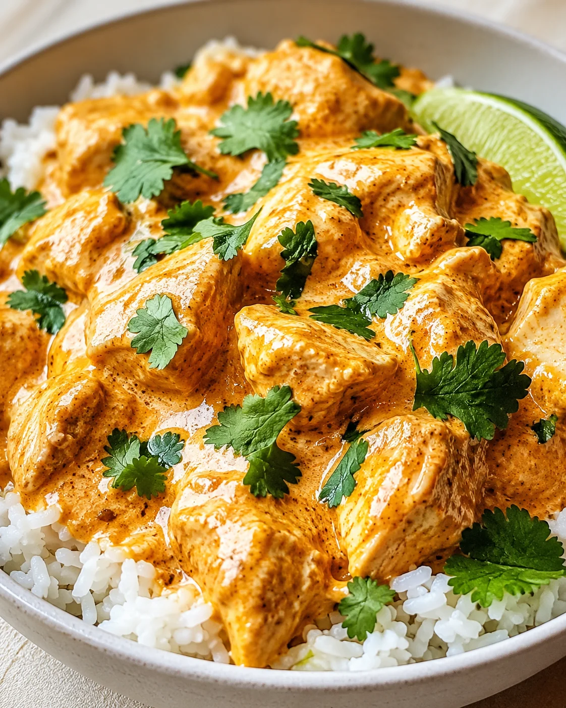 Creamy orange chicken tikka masala over white rice, garnished with cilantro and a lime wedge.