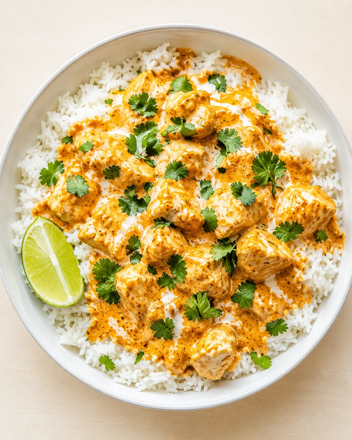 bowl of white rice topped with creamy orange chicken curry and cilantro, lime wedge at the edge