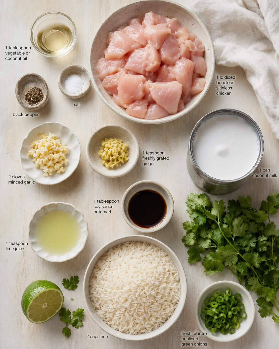 Top-down view of diced chicken and ingredients laid out for coconut-chicken with rice.