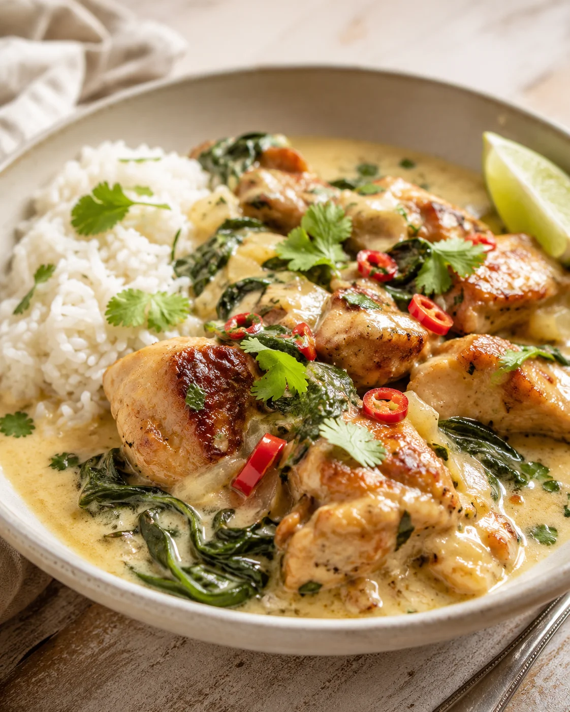 bowl of creamy chicken curry with rice, cilantro, spinach, and lime wedge
