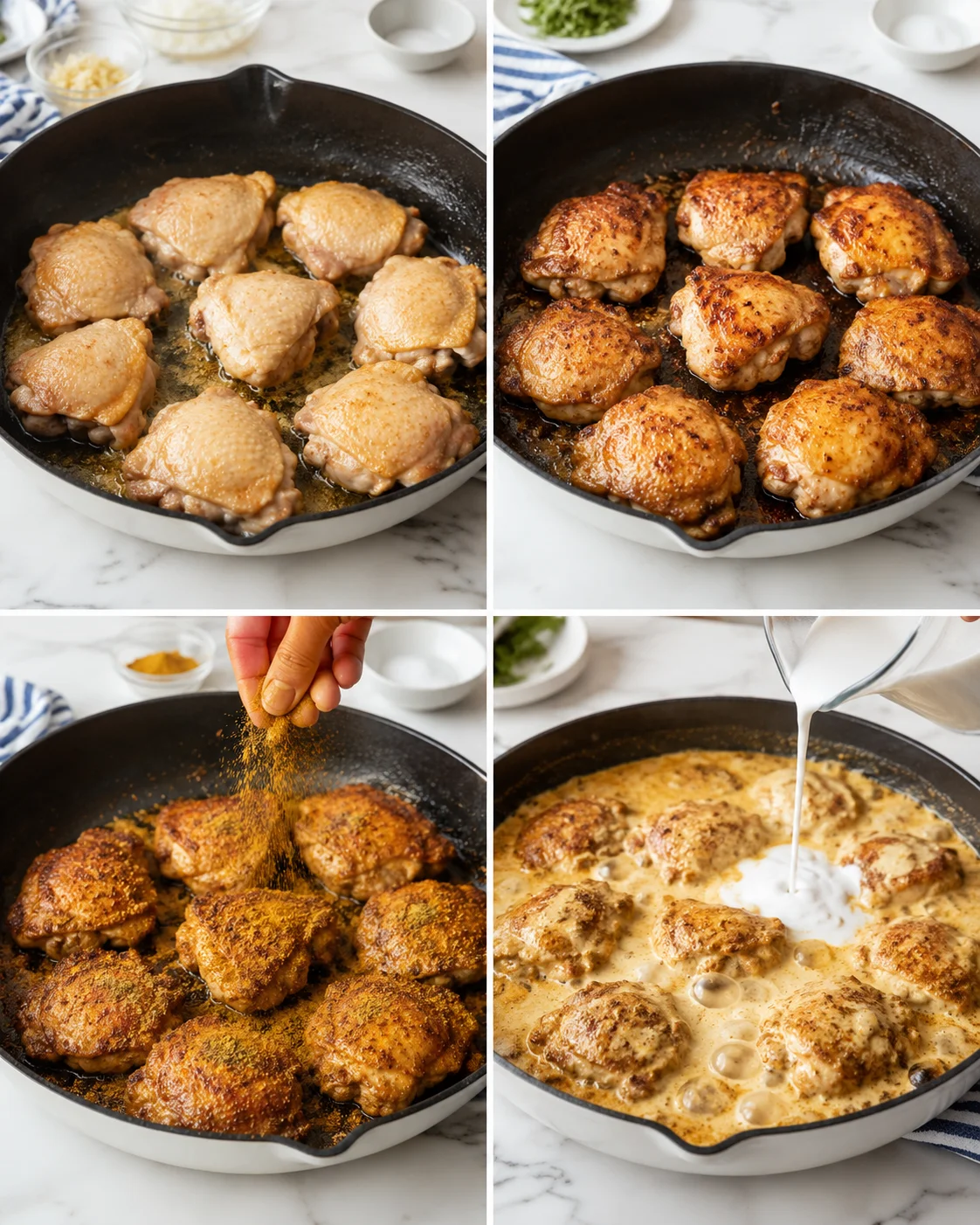 collage showing chicken thighs browning, seasoning, and simmering in a skillet with creamy sauce.