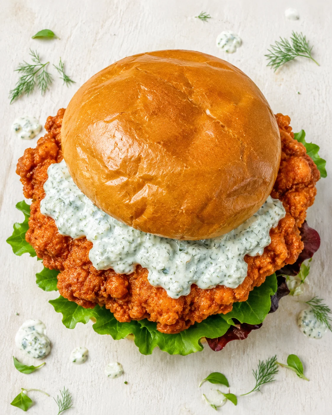 Top-down view of a crispy fried chicken sandwich on brioche bun with herb mayo and lettuce.