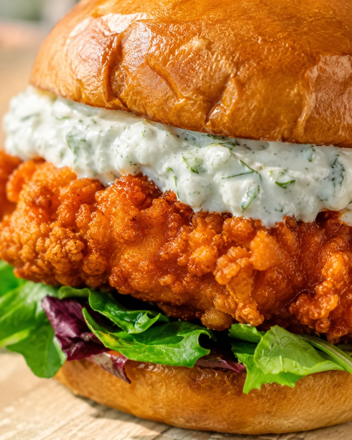 Close-up of a crispy fried chicken sandwich with herb ranch sauce on a brioche bun and greens.