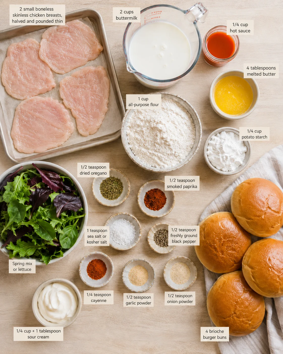 overhead view of raw chicken, dairy, spices, greens, buns, labeled ingredients on a light wooden surface