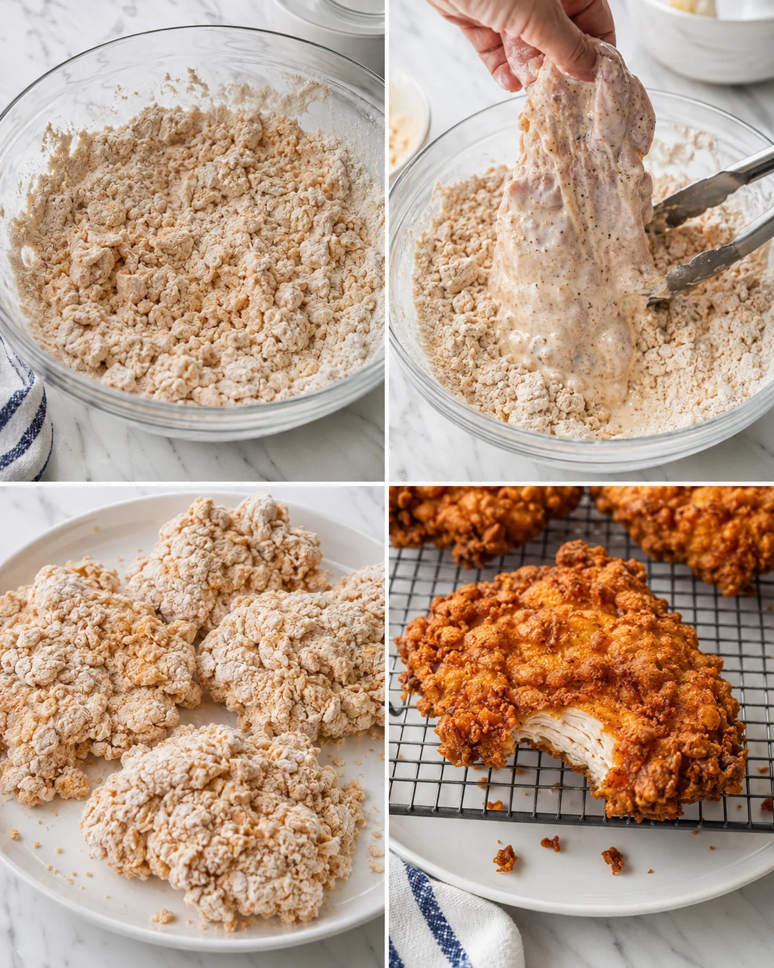 Collage showing crumb coating mixing, batter dipping, and finished crispy fried chicken on a cooling rack.