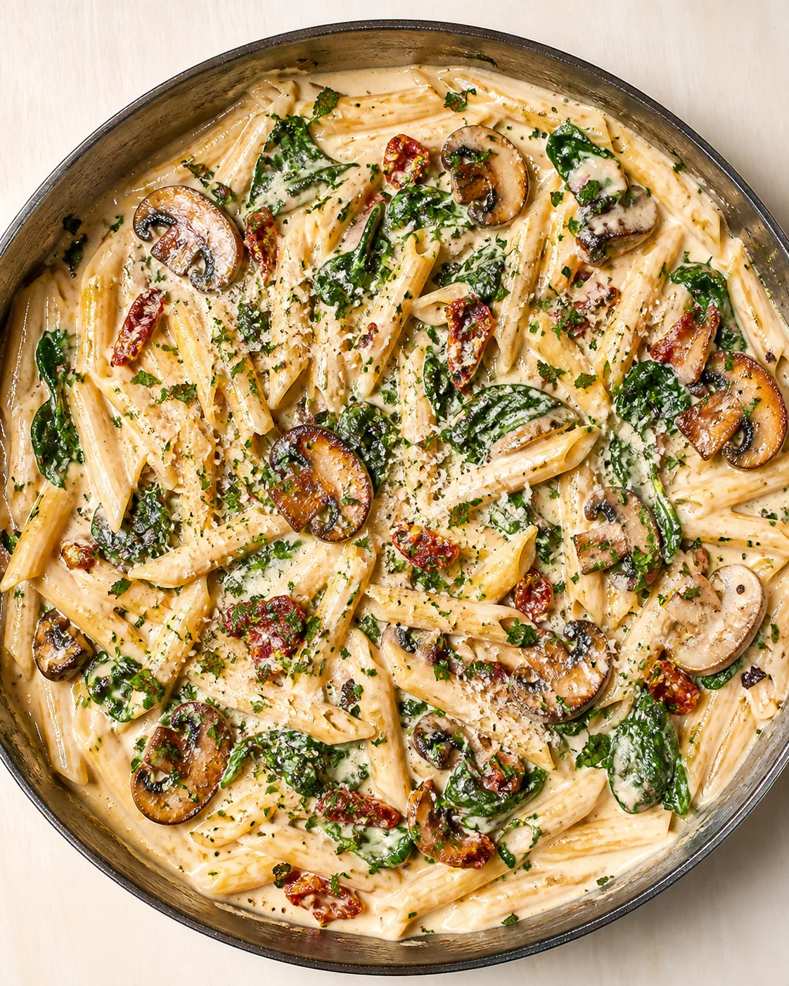 Creamy penne pasta with mushrooms, spinach, and sun-dried tomatoes in a skillet.
