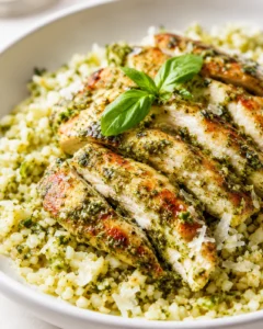 sliced herb-crusted chicken atop cauliflower couscous, garnished with fresh basil and parmesan shavings