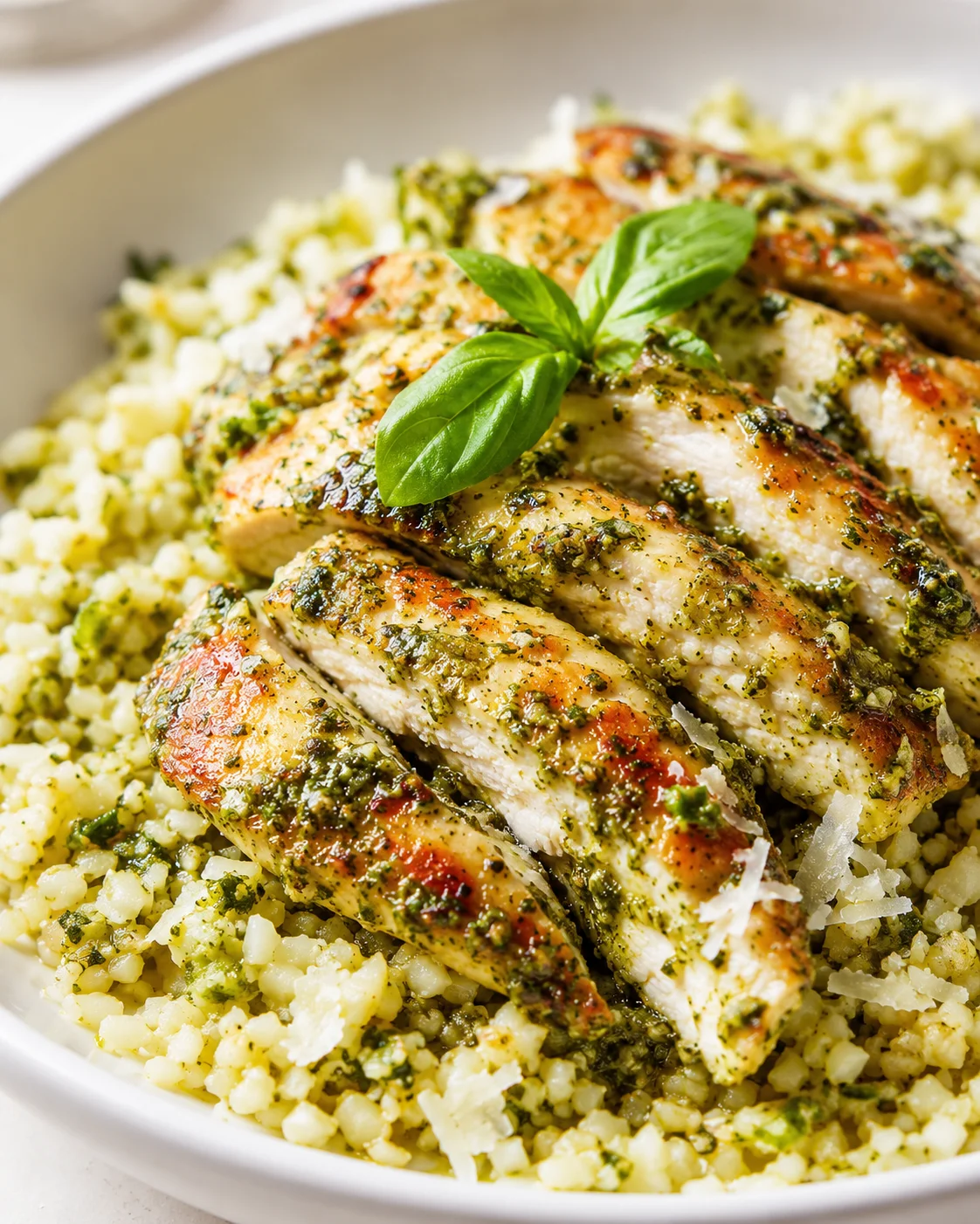 sliced herb-crusted chicken atop cauliflower couscous, garnished with fresh basil and parmesan shavings
