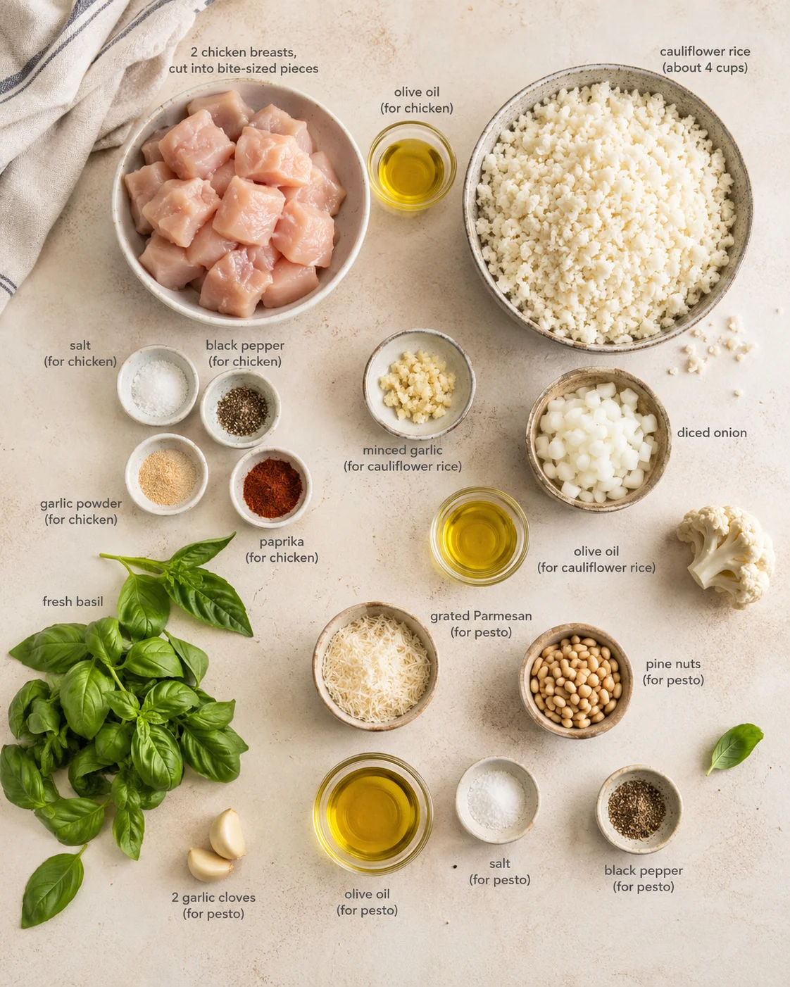 top-down flatlay of labeled pesto-chicken ingredients, including chicken, cauliflower rice, basil, nuts, and spices