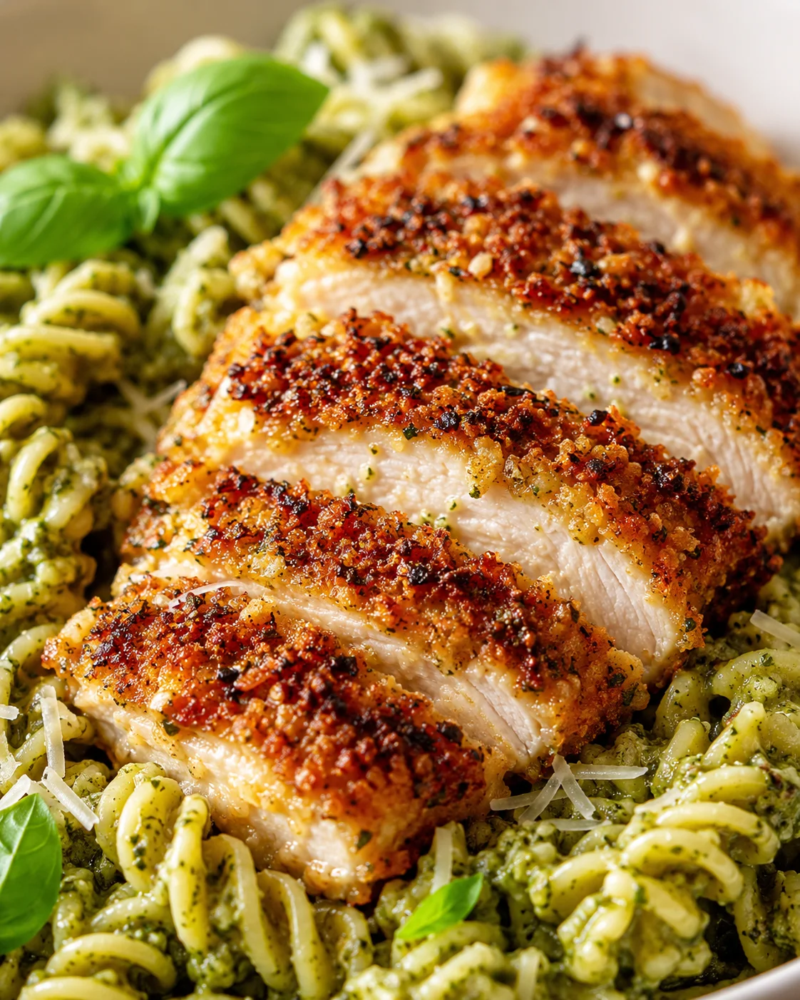 Sliced chicken with a crispy herb crust served over pesto-coated fusilli, garnished with basil.