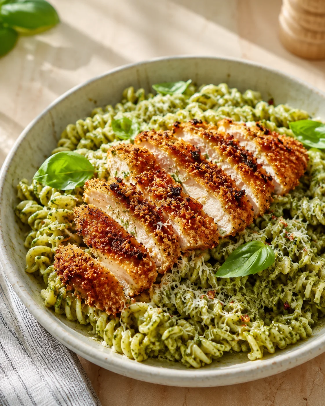 Crispy breaded chicken slices atop green pesto pasta in a ceramic bowl.