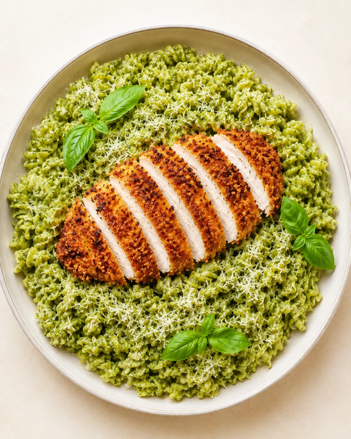 Sliced herb-crusted chicken atop green pesto risotto with basil and parmesan