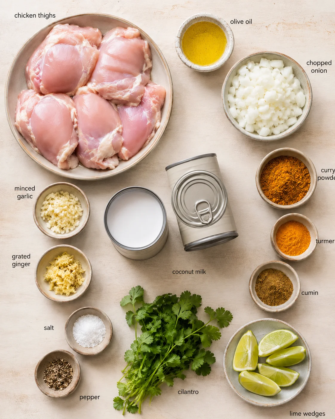 Top-down flat lay of raw chicken thighs with onions, garlic, coconut milk, lime, and spices.