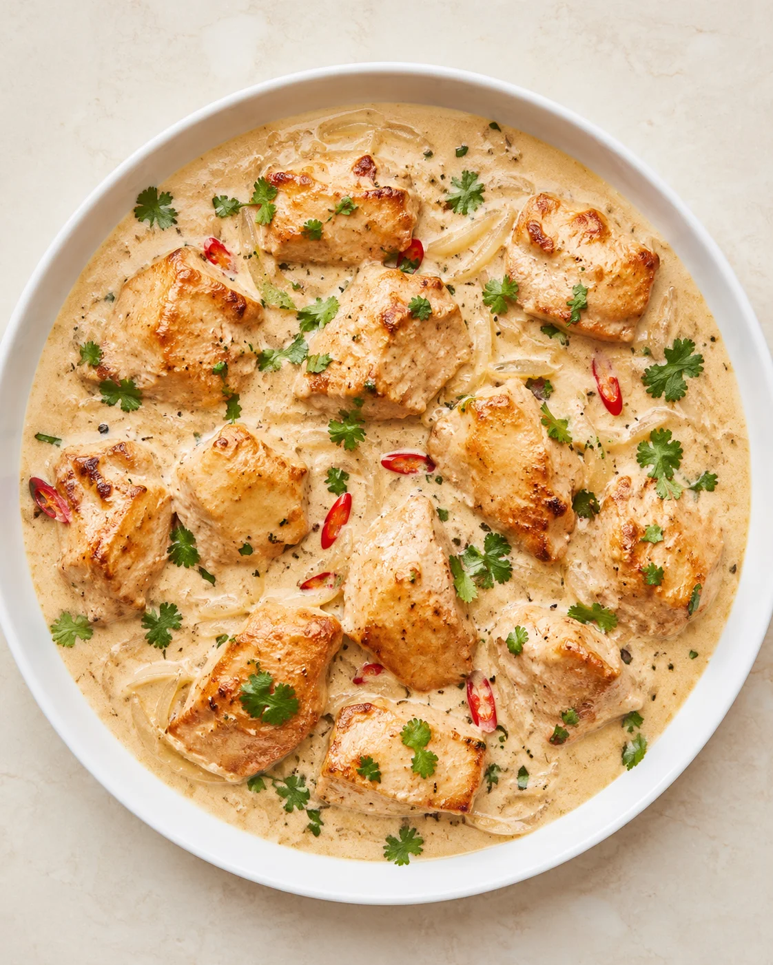 top-down view of creamy chicken curry with browned chicken pieces, onion slices, red chilies, and cilantro in a white bowl.