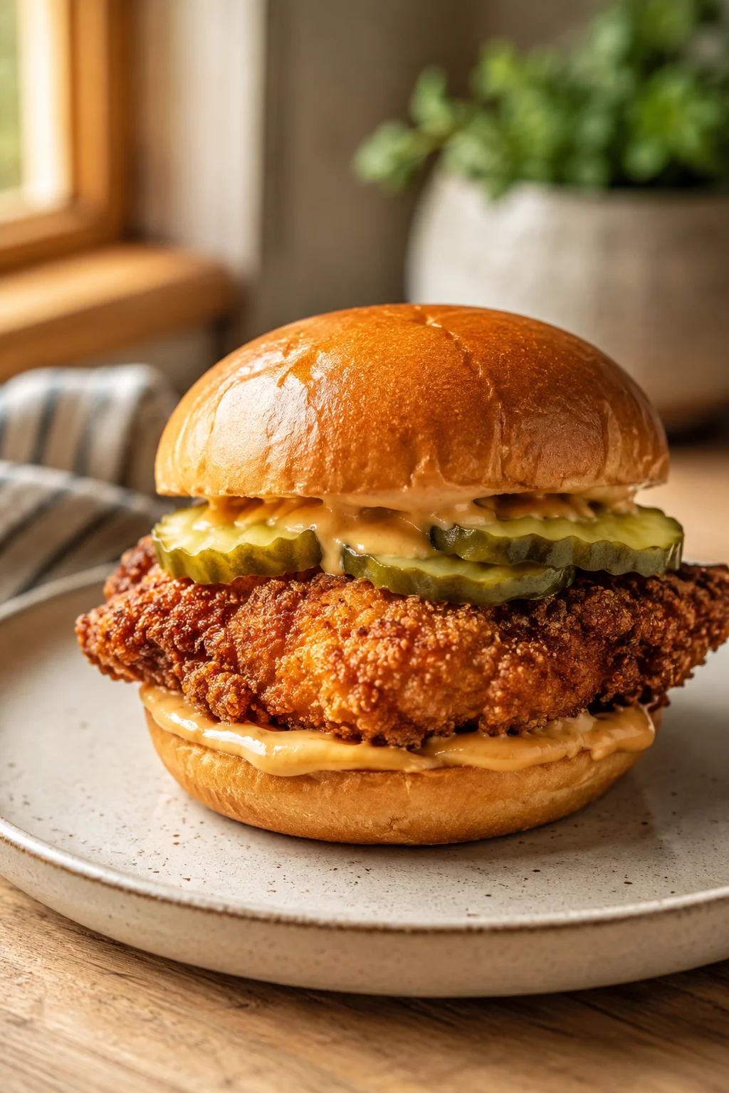 Golden fried chicken sandwich with pickle slices and creamy sauce on a speckled plate.