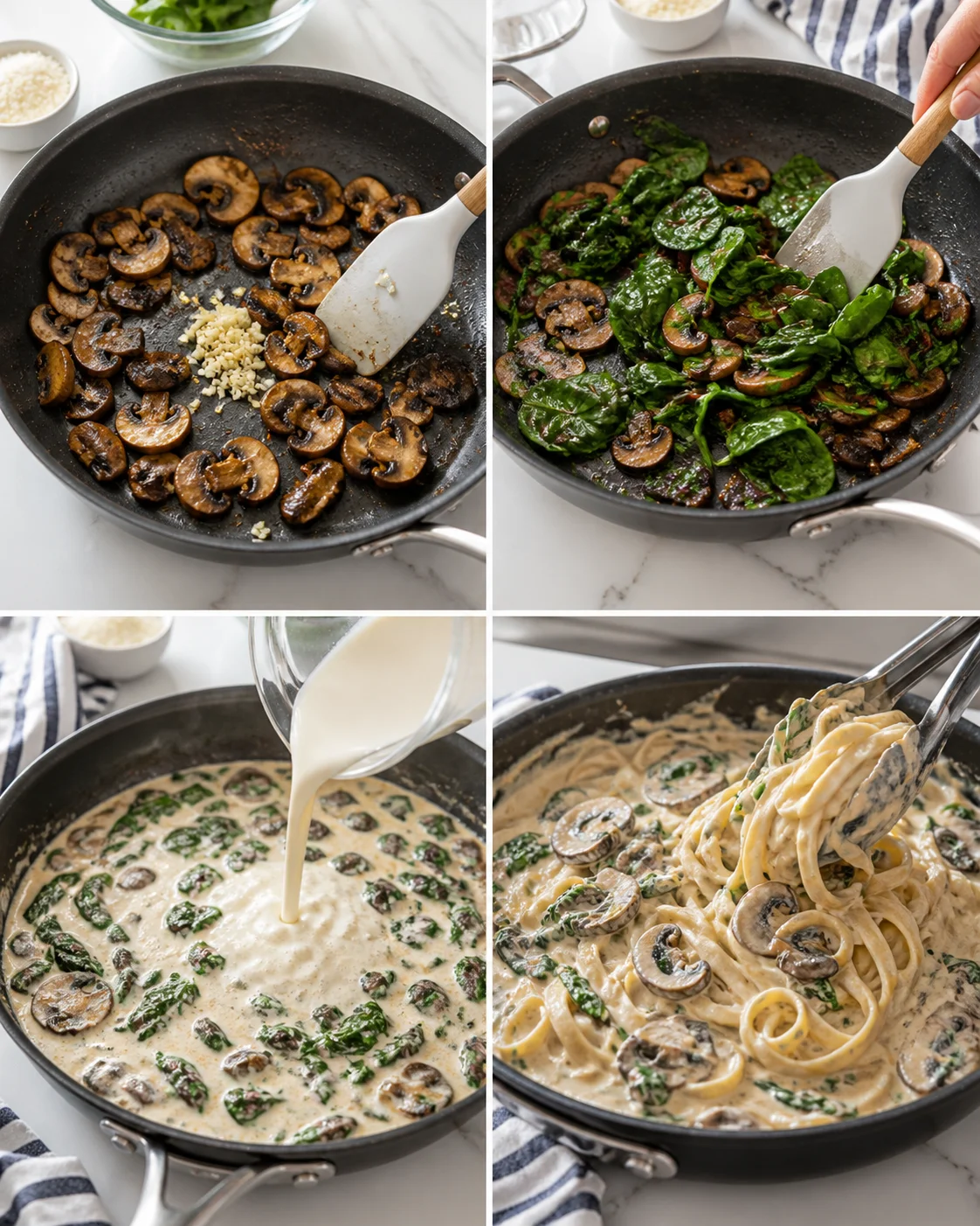Collage showing mushroom sauté, spinach addition, cream sauce, and creamy mushroom pasta in a skillet.