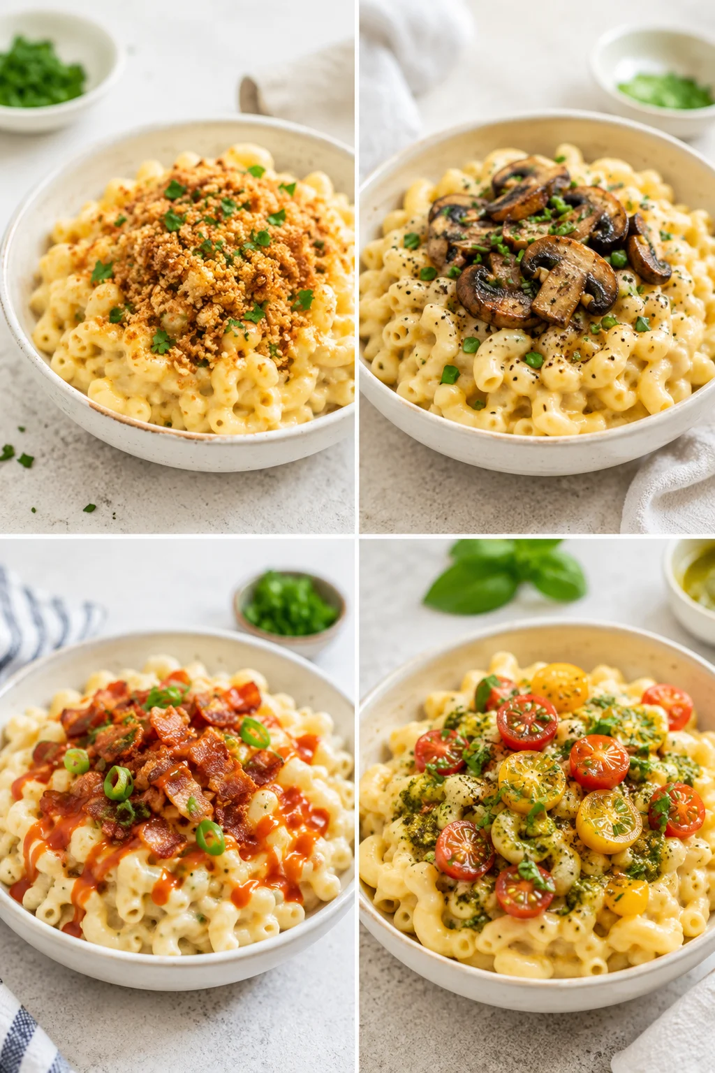 Collage of four bowls of creamy macaroni and cheese topped with breadcrumbs, mushrooms, crispy bacon, and cherry tomatoes.