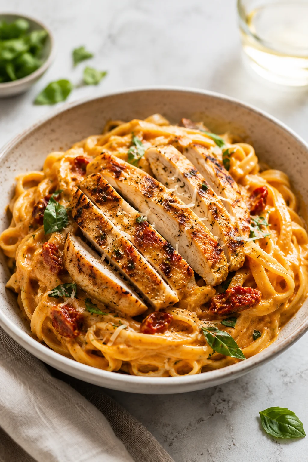 Creamy pasta topped with sliced grilled chicken in a speckled bowl garnished with herbs.