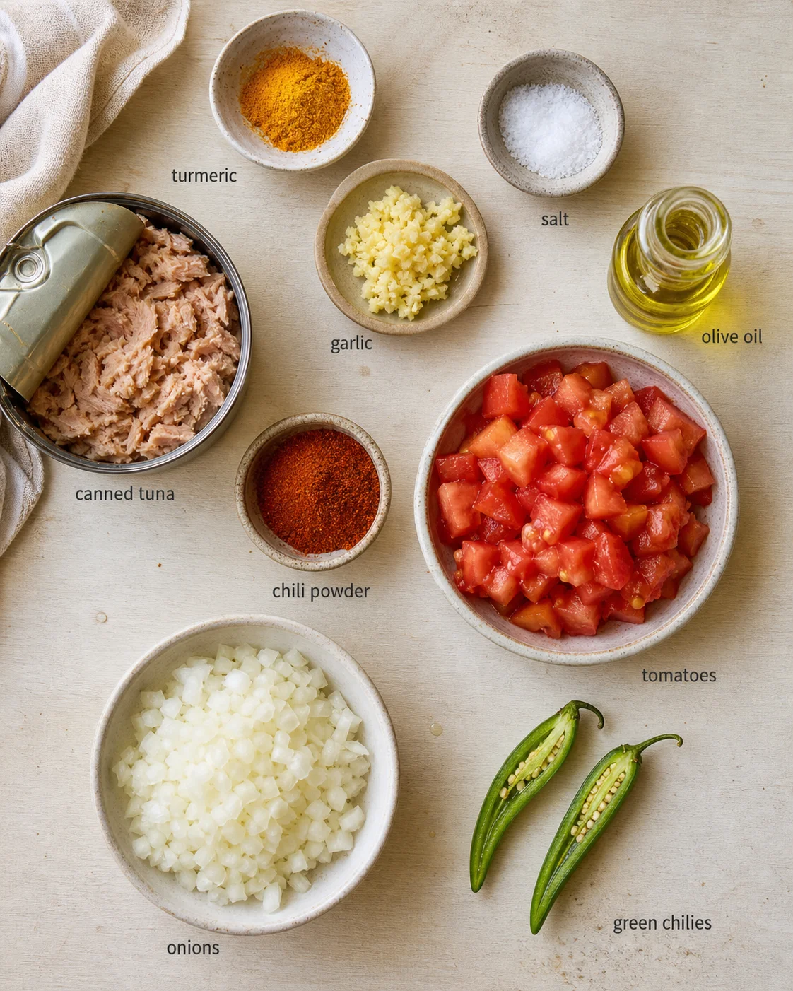 Overhead view of bowls with tuna, onions, tomatoes, garlic, and spices.