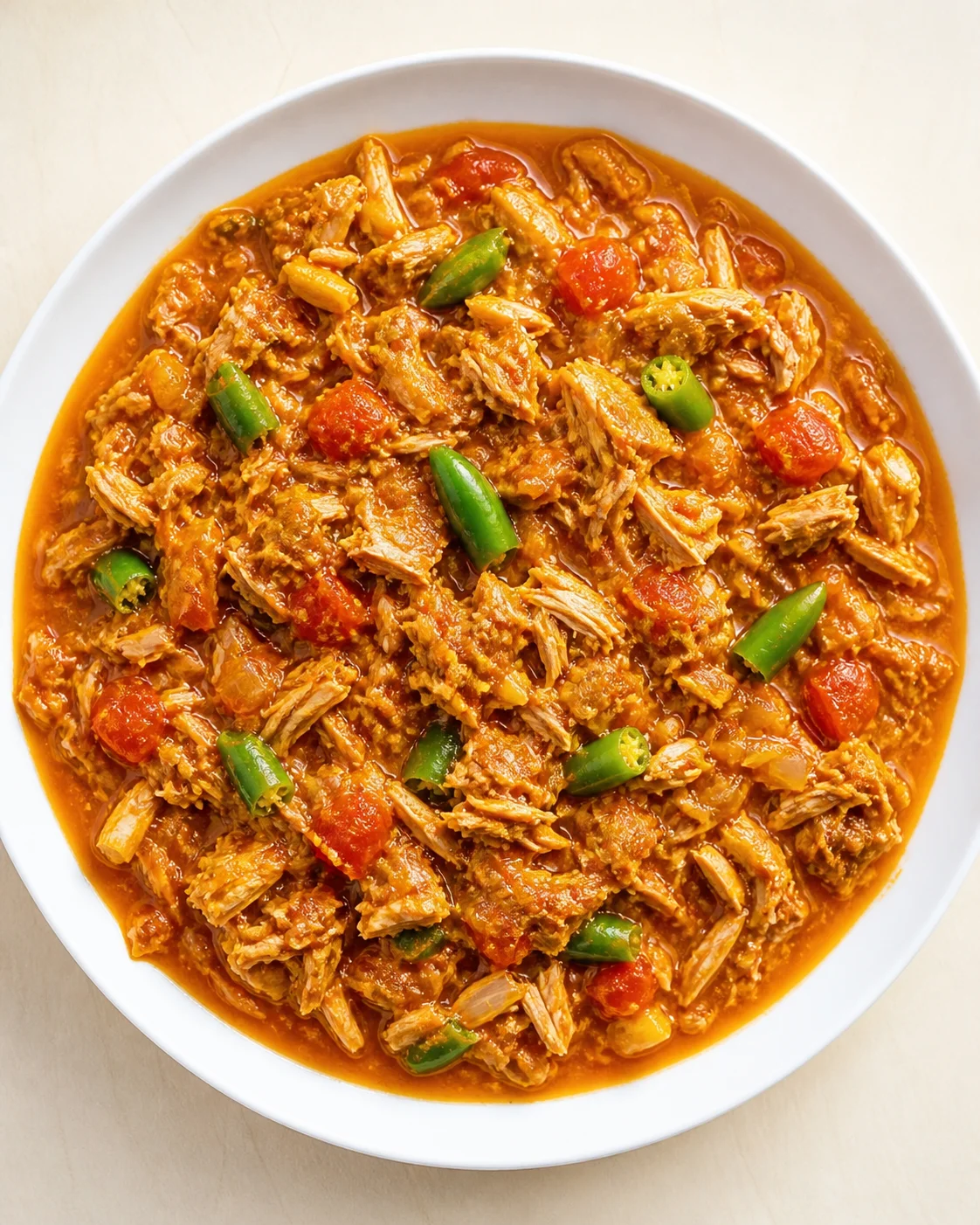 White oval bowl of shredded chicken in orange-red tomato sauce with green chilies