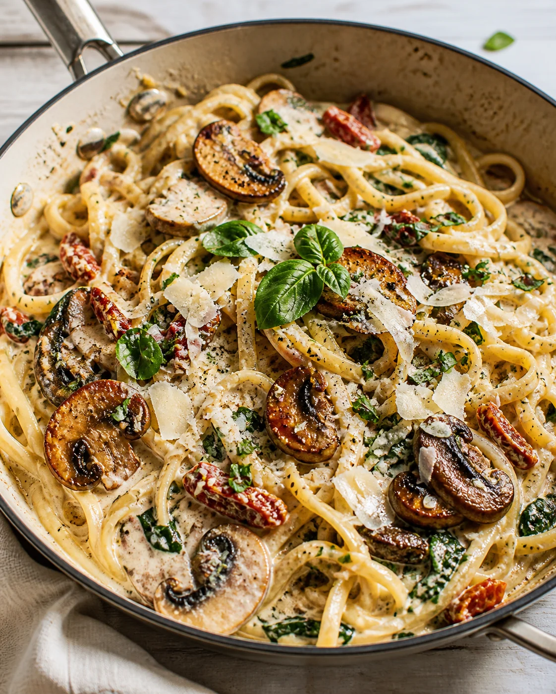 creamy pasta with mushrooms, sun-dried tomatoes, basil, and parmesan shavings in a skillet