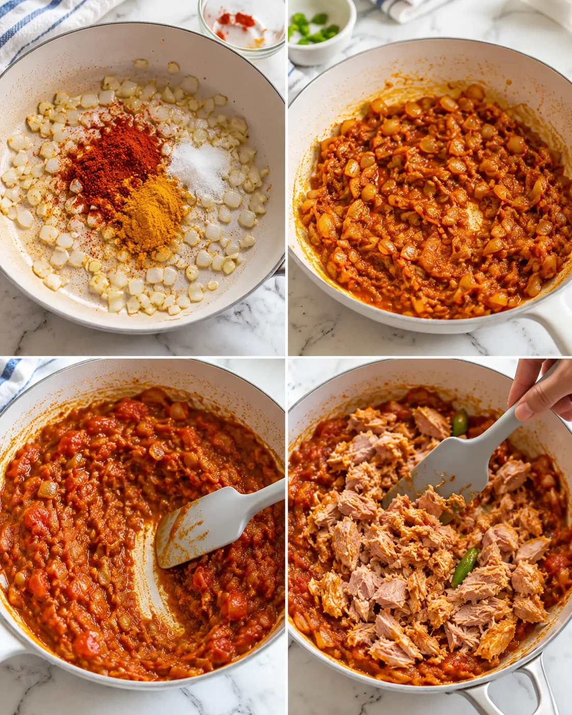 Four-panel collage showing onion sauté with spices, simmering tomato sauce, and shredded pork.