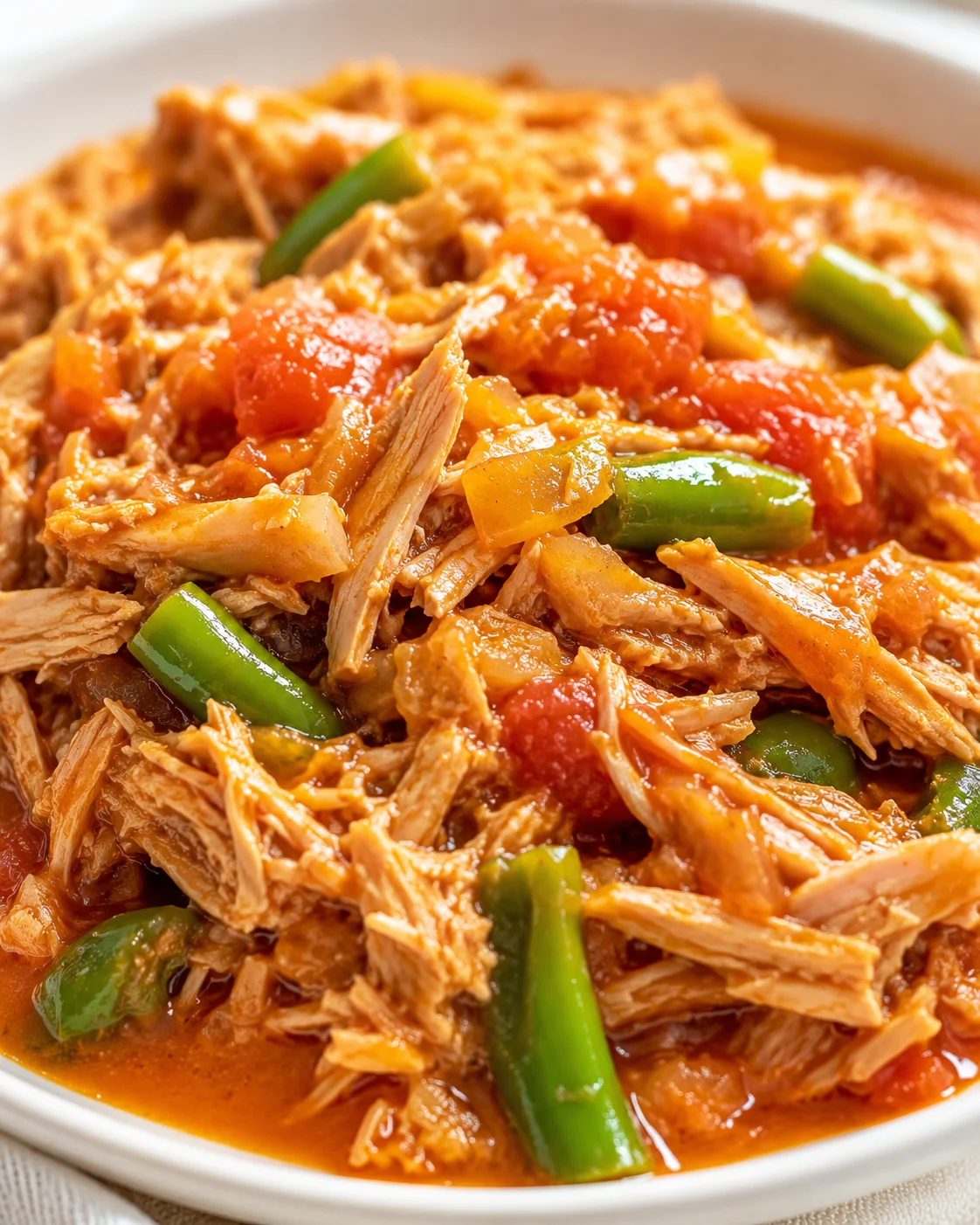 Shredded chicken in tomato sauce with green beans in a white bowl