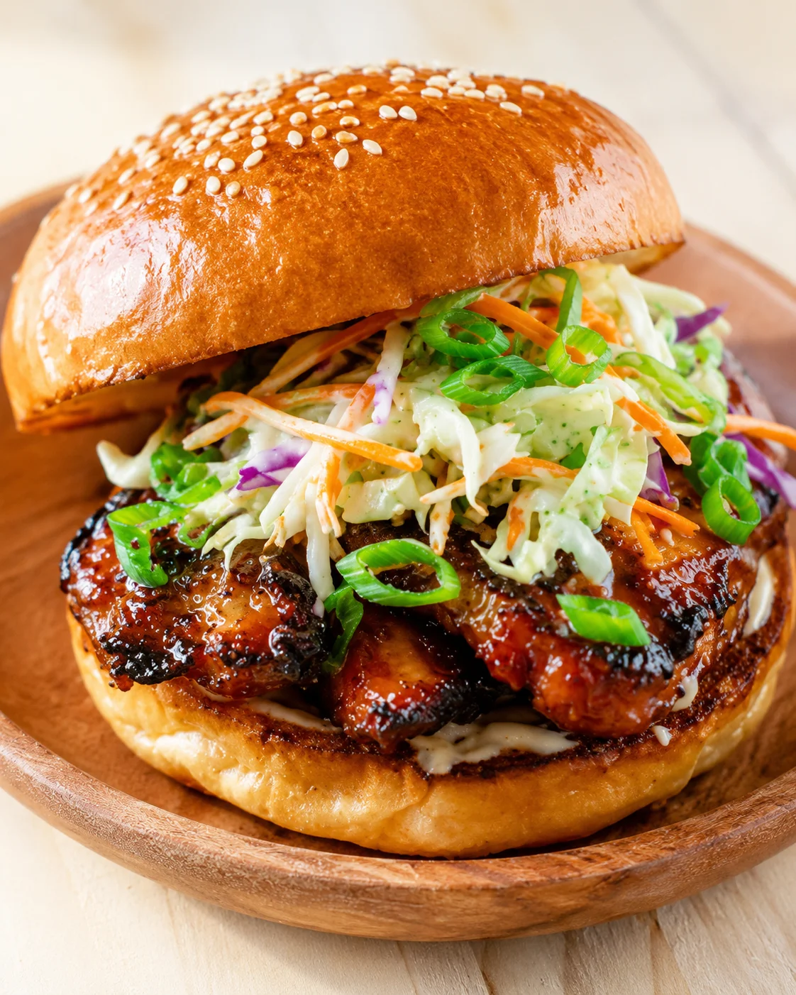 Glassy sesame-seed brioche bun atop a glazed chicken burger with creamy slaw on a wooden plate