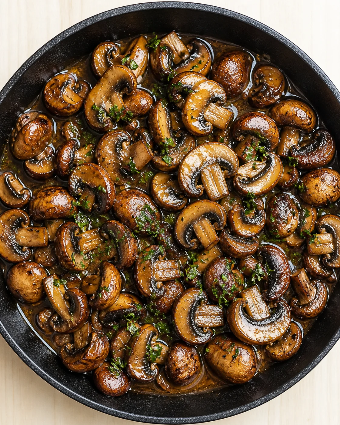 glazed sautéed mushrooms in a black skillet with parsley garnish