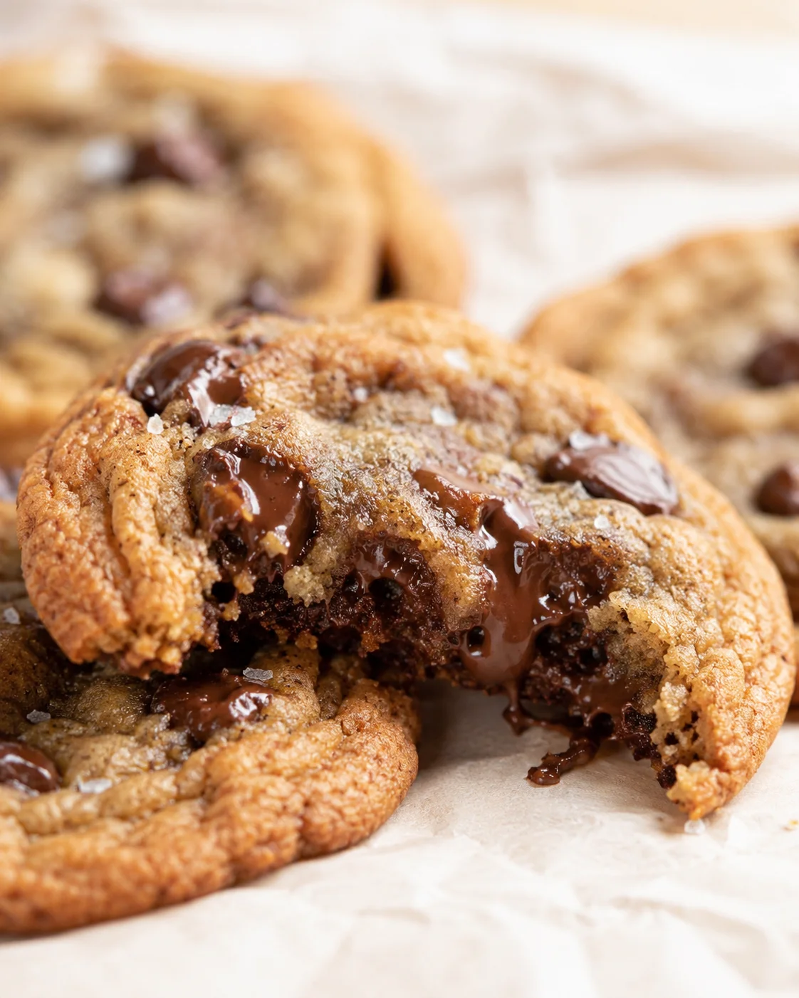 Close-up of gooey chocolate-chip cookies on parchment, with flaky sea salt on top.