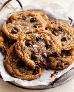 Close-up of warm chocolate-chip cookies with gooey centers on parchment-lined tray.