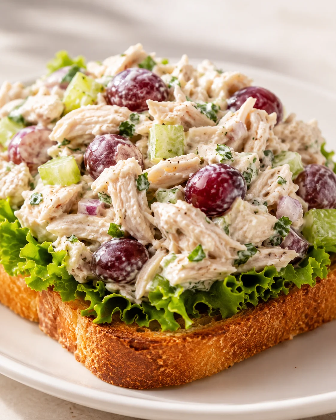Open-faced toast topped with creamy chicken salad, grapes, cucumber, and lettuce.