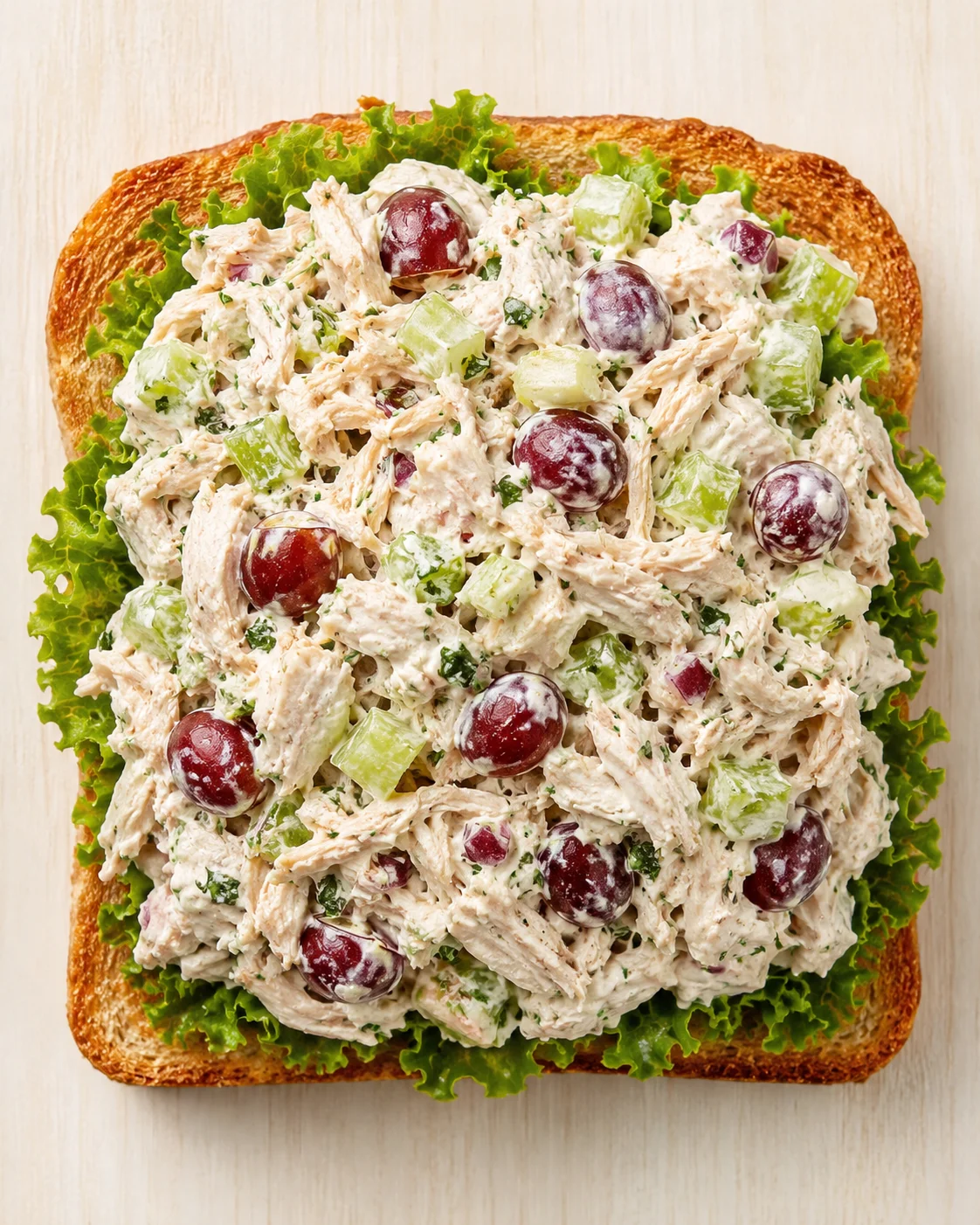 open-faced toasted bread topped with creamy chicken salad, celery, grapes, and lettuce