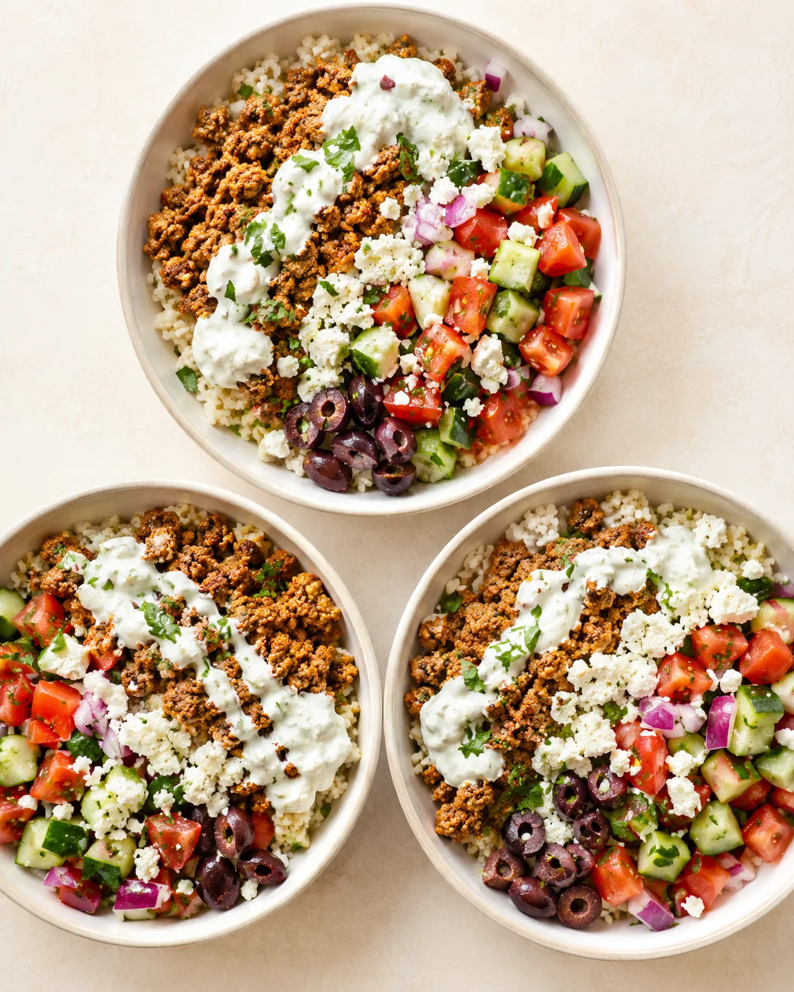 Overhead view of three bowls with seasoned ground meat, rice, cucumber, tomato, olives, feta, and tzatziki.