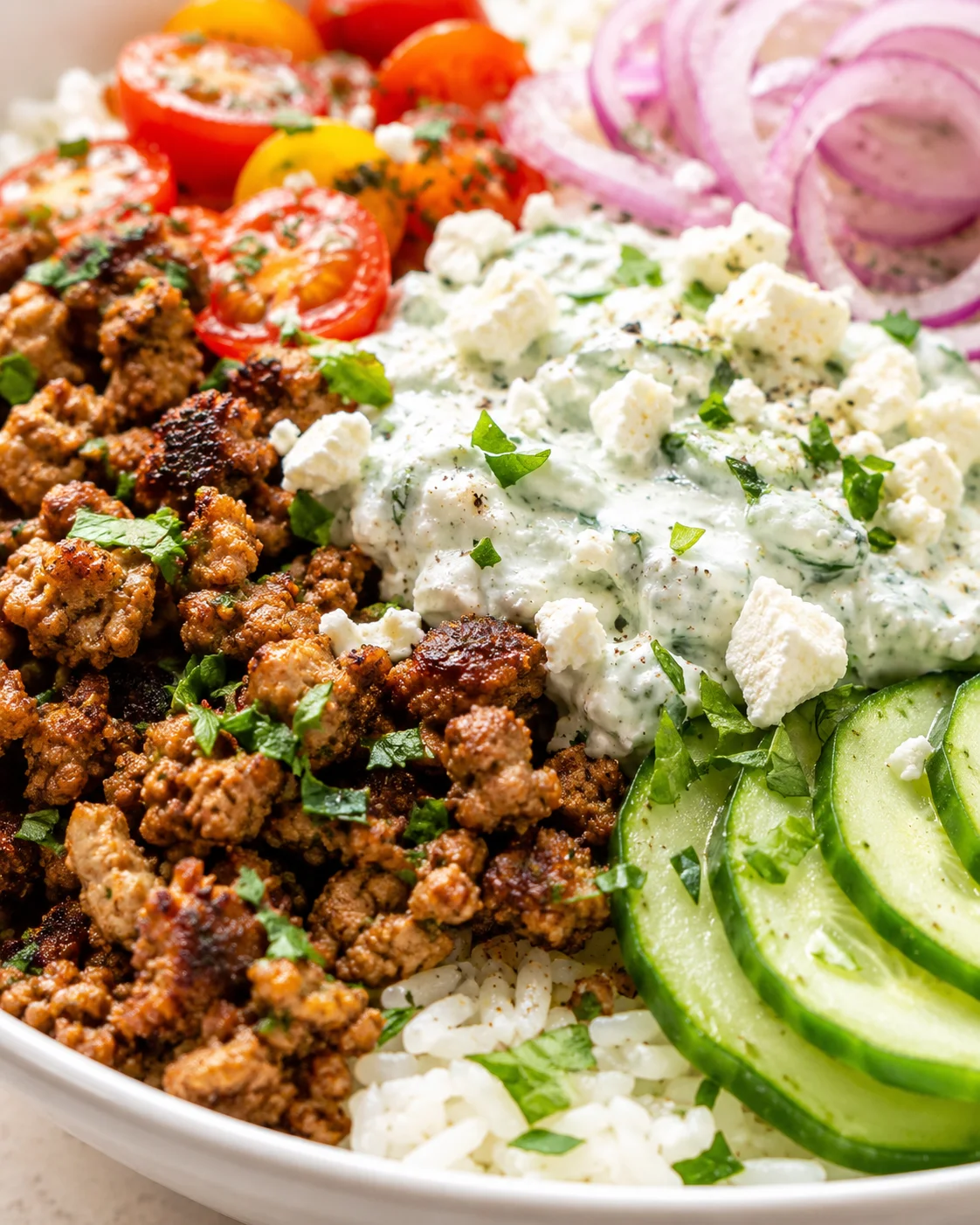 close-up of greek-inspired bowl with seasoned ground meat, tomatoes, onions, cucumber, feta, and rice