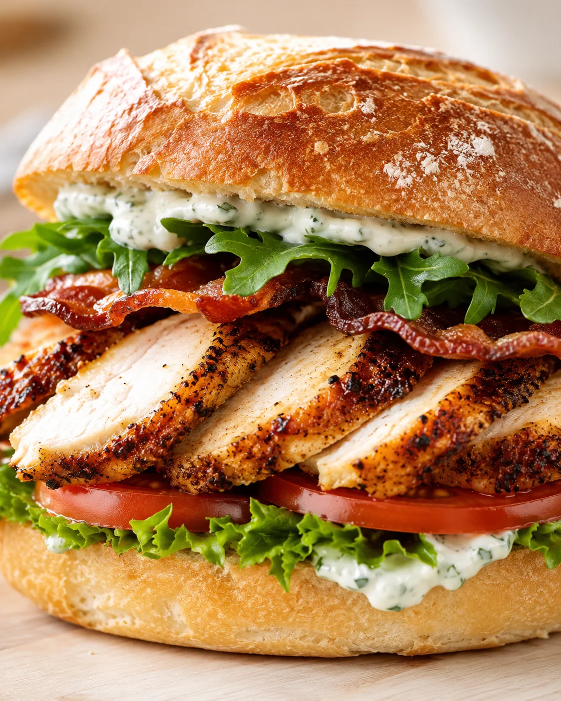 Close-up of a crusty bun sandwich with sliced grilled chicken, bacon, arugula, tomato, and herb mayo.