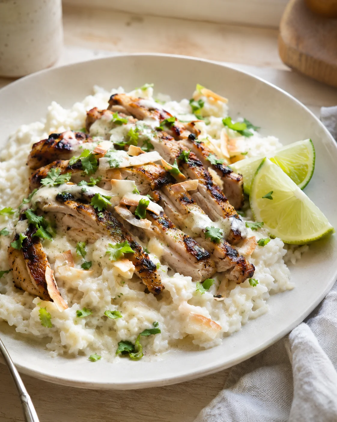 Grilled chicken slices on creamy risotto with lime wedges and herbs.
