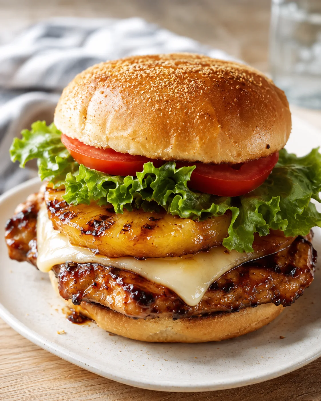 close-up of a sesame-seed bun burger with chicken patty, melted cheese, pineapple, lettuce, and tomato