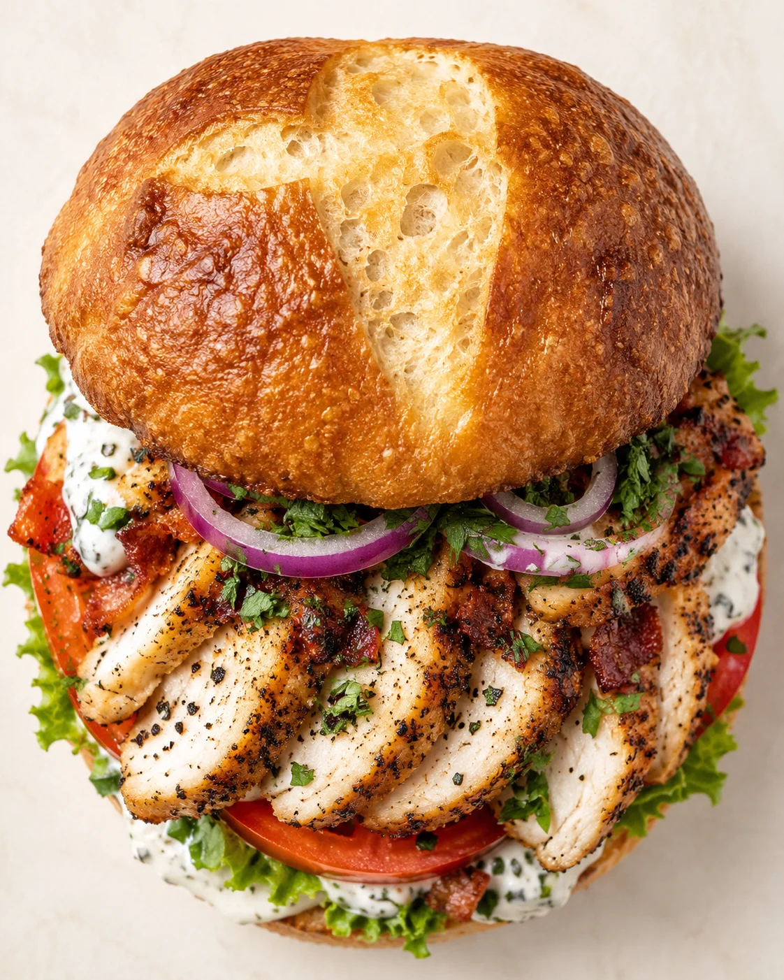 close-up of a crusty bun sandwich with grilled chicken, tomato, red onion, greens, and herb sauce