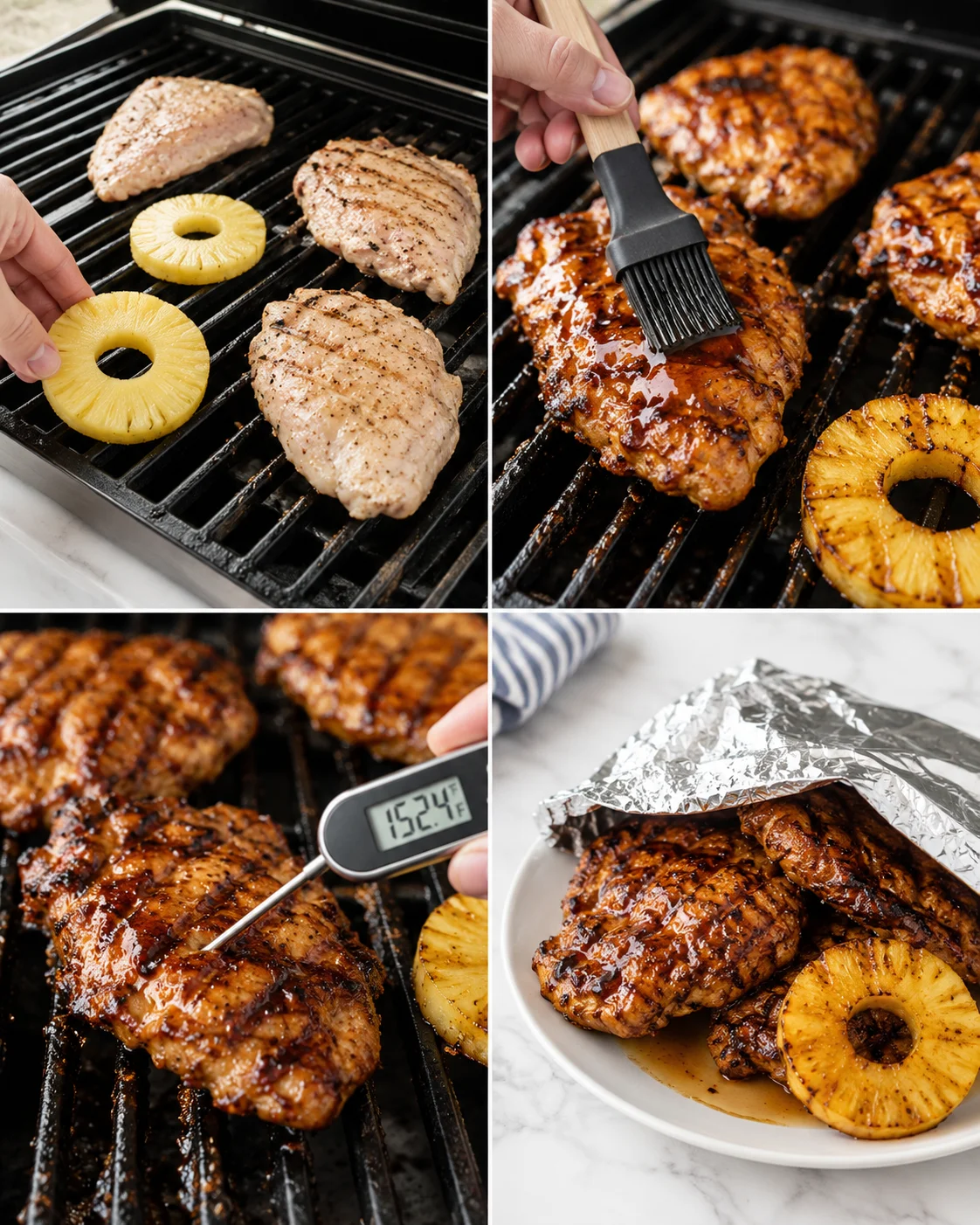 collage of grilled chicken with pineapple rings, brush applying glaze, thermometer, and plated final dish